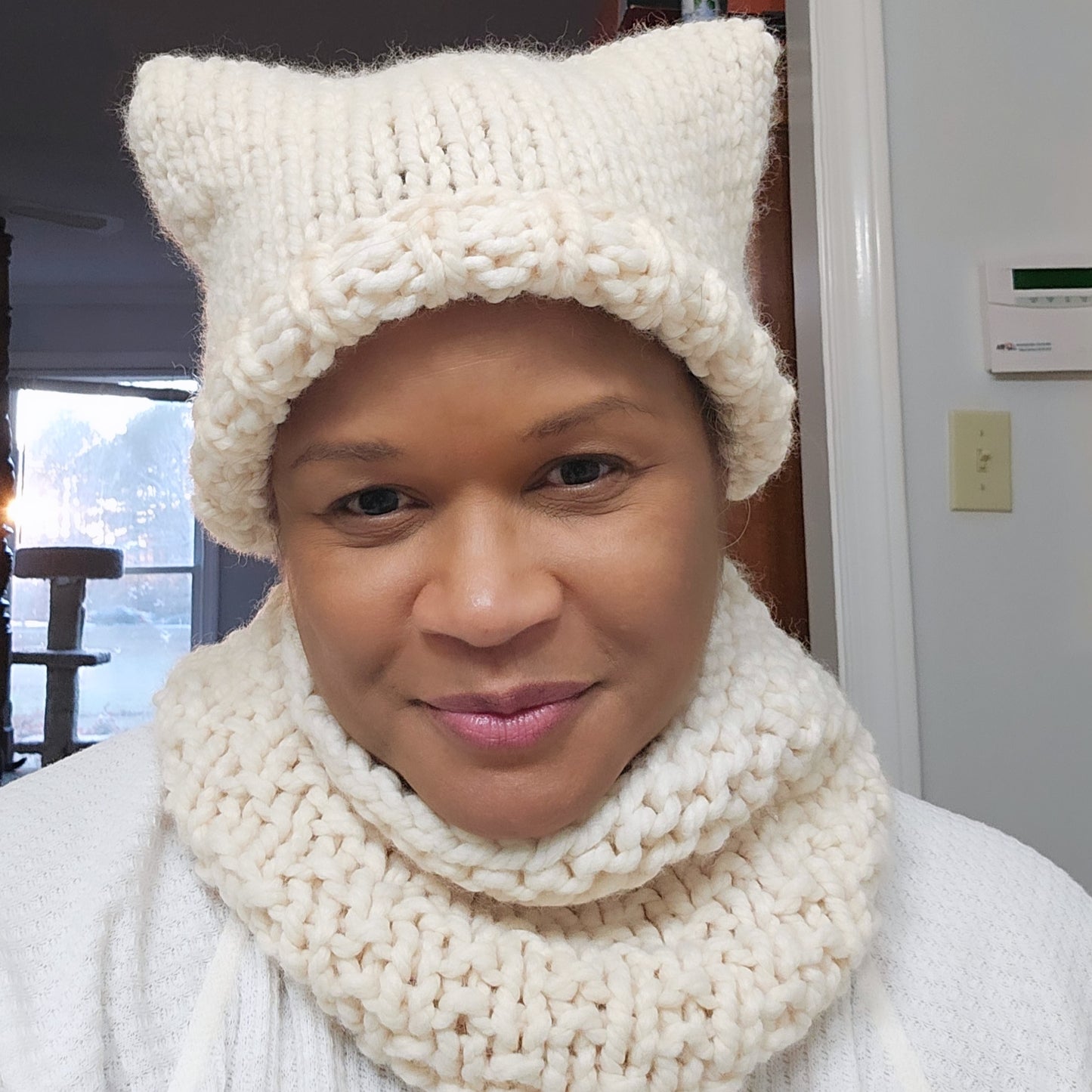 Handknit Wool Blend Cream Cat Hat