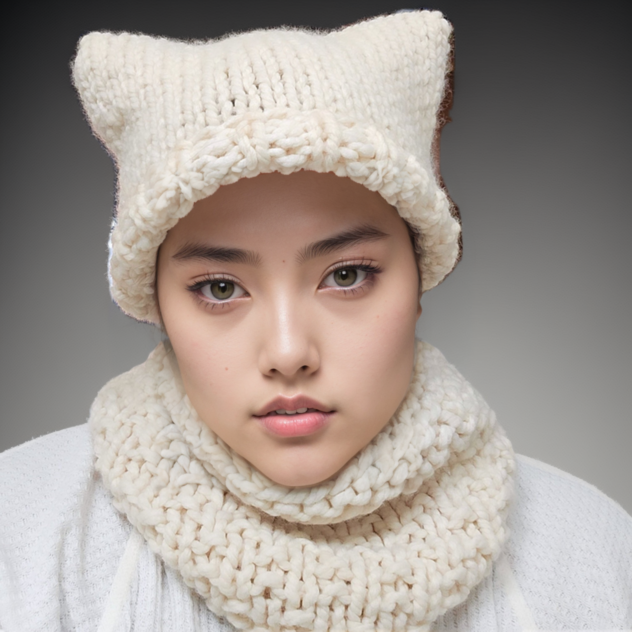 Handknit Wool Blend Cream Cat Hat