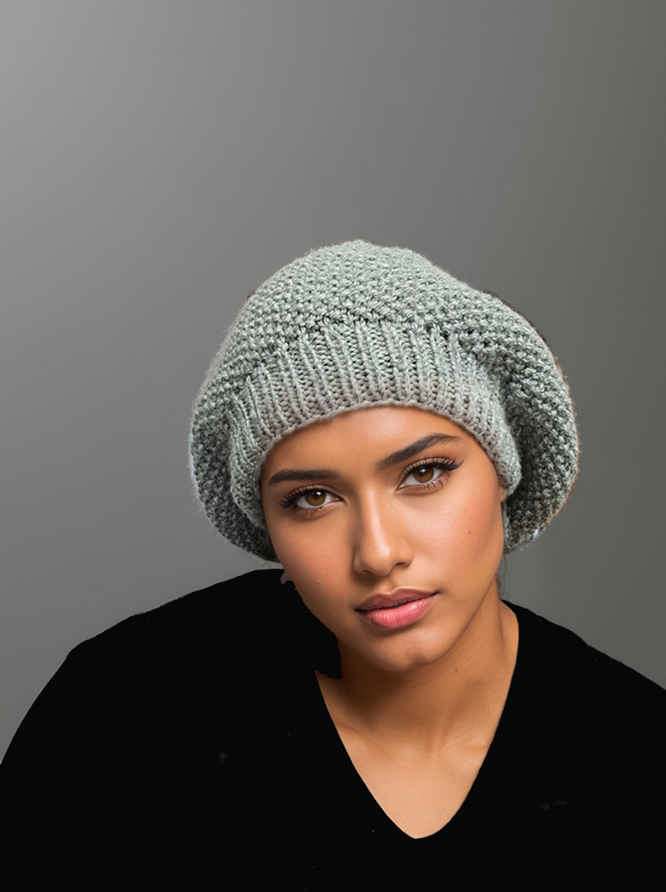 Gray Handknit seed stitch slouchy beanie hat